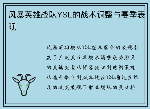 风暴英雄战队YSL的战术调整与赛季表现