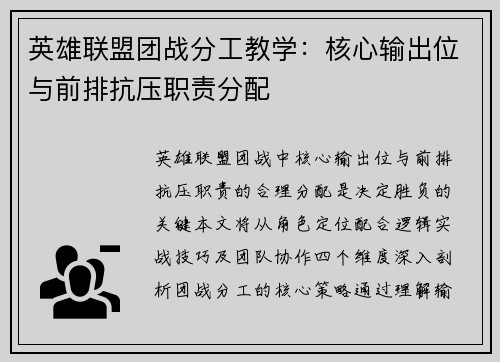 英雄联盟团战分工教学：核心输出位与前排抗压职责分配
