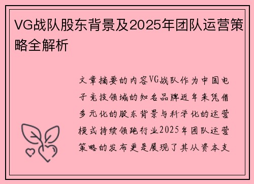 VG战队股东背景及2025年团队运营策略全解析